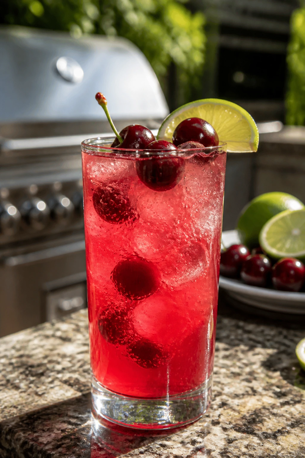 Close-up of Cherry Lime Rickey in a highball glass with cherries