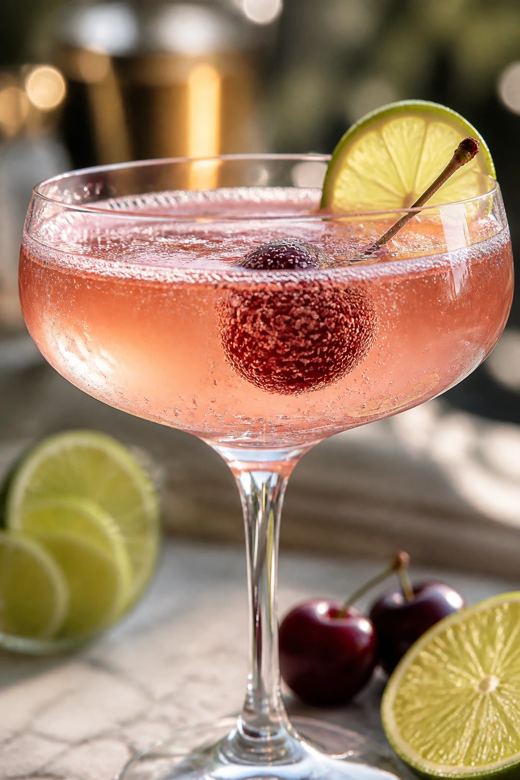 Prosecco cherry limeade punch in a coupe glass with a frozen cherry