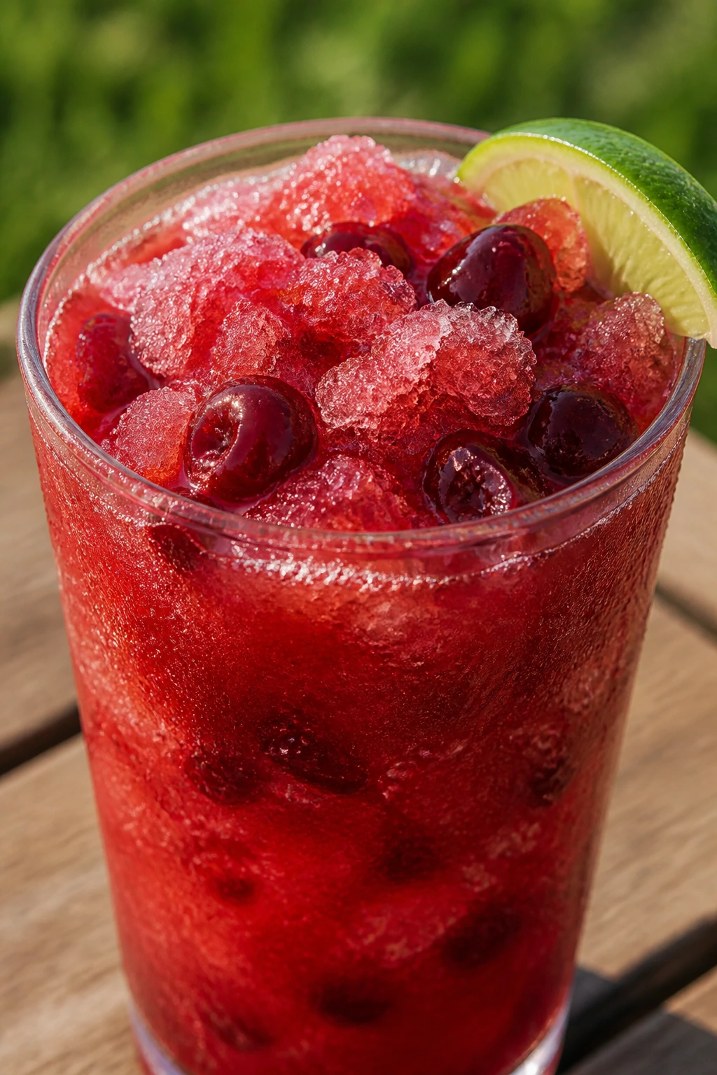 Close-up of cherry limeade slush in a glass on a sunny picnic table