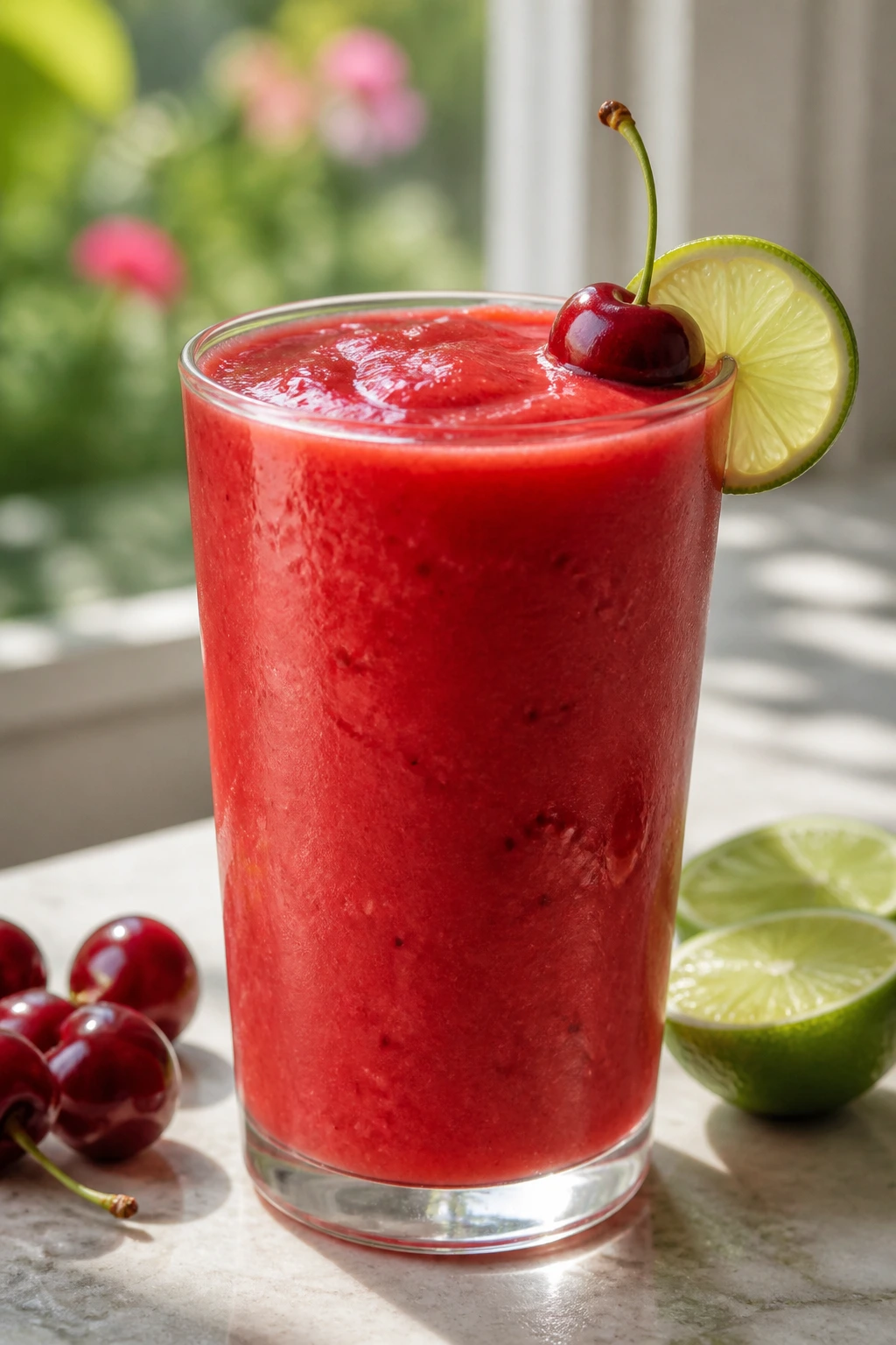Close-up of cherry limeade smoothie in a glass on a sunny kitchen island