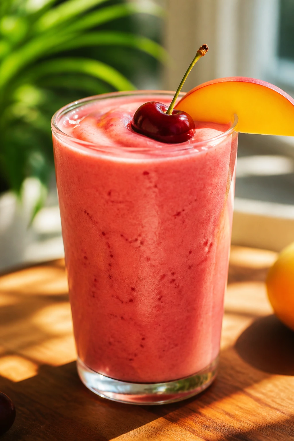 Close-up of a pink cherry-mango coconut smoothie in a glass with a cherry and mango slice