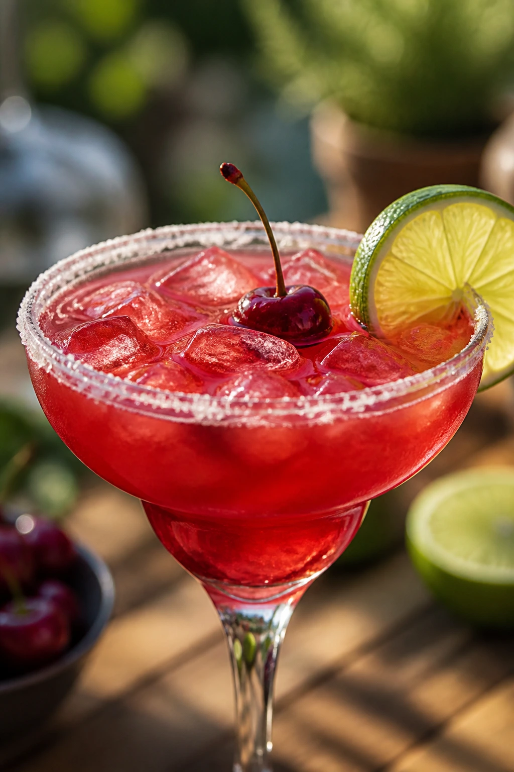 Close-up of Cherry Lime Margarita with salted rim, lime wheel, and cherry