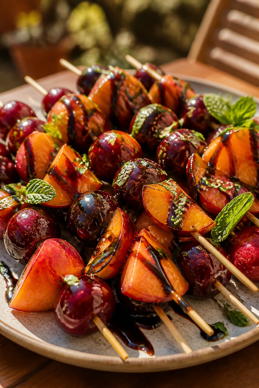 Close-up cherry and nectarine balsamic kebabs with mint