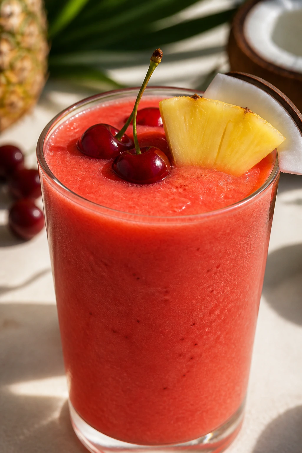 Red-orange cherry pineapple smoothie in glass on sunlit counter