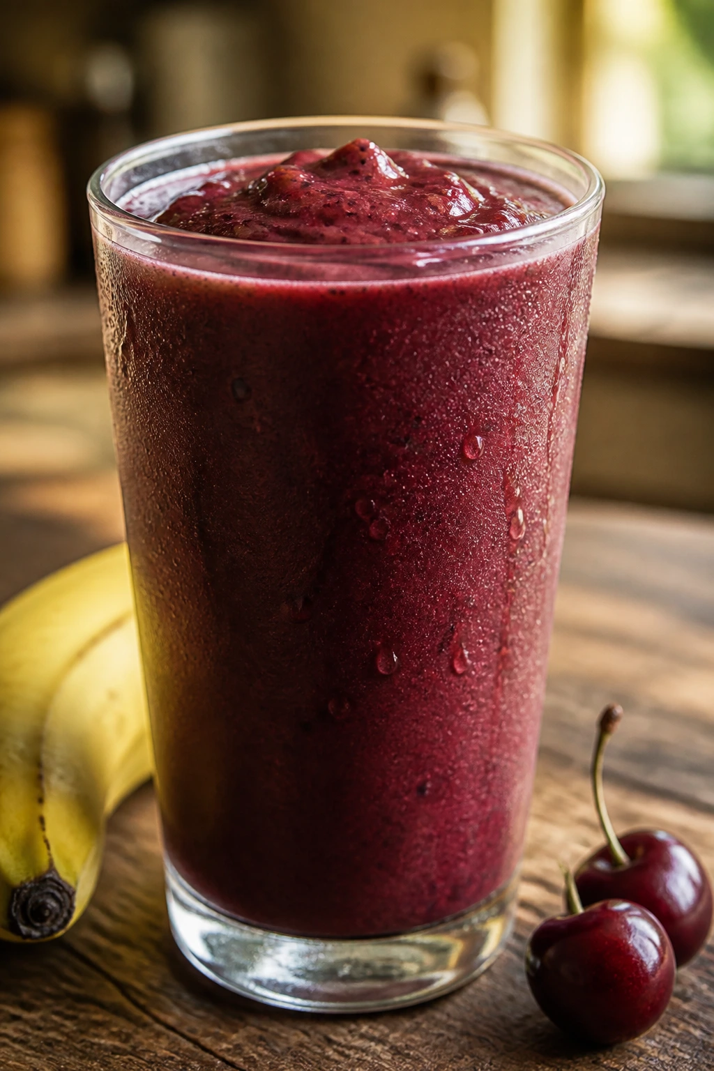 Close-up of a burgundy cherry rooibos banana smoothie in a glass