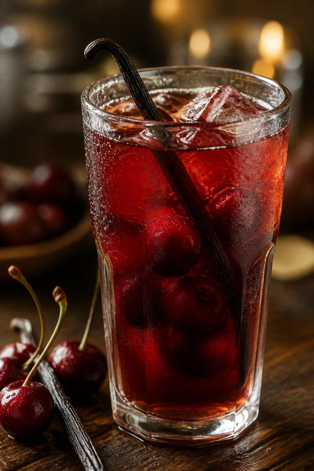 Close-up of cherry vanilla rooibos iced tea with cherries in a glass