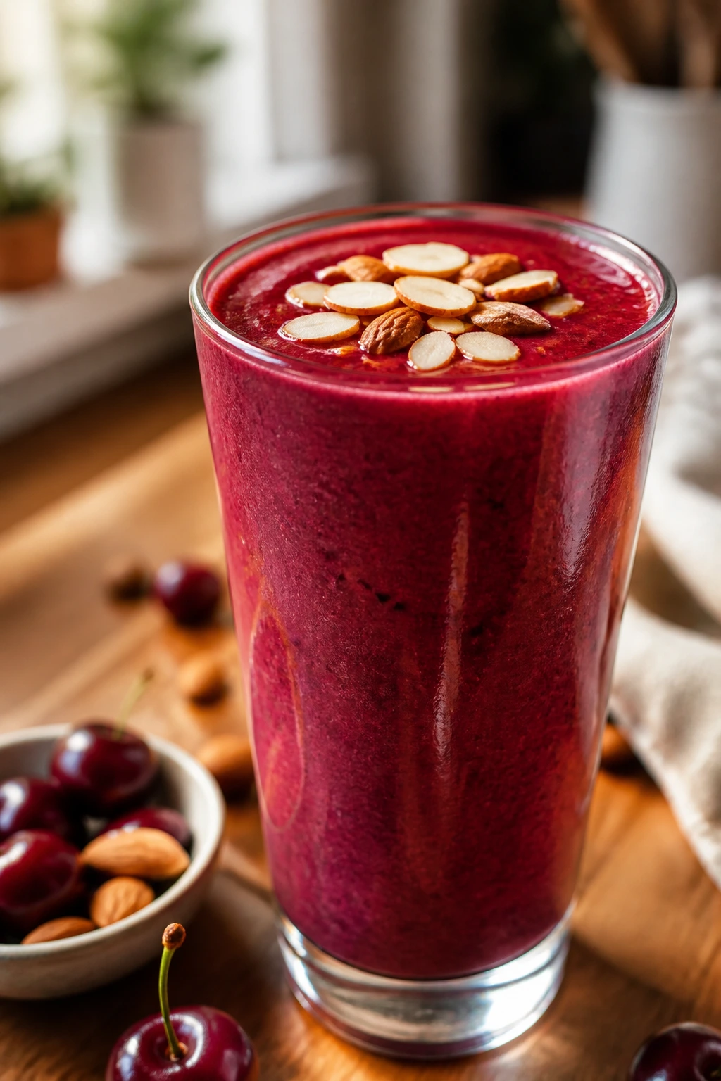 Close-up of Cherry Almond Smoothie in a glass with almond slices on top on a wooden kitchen counter