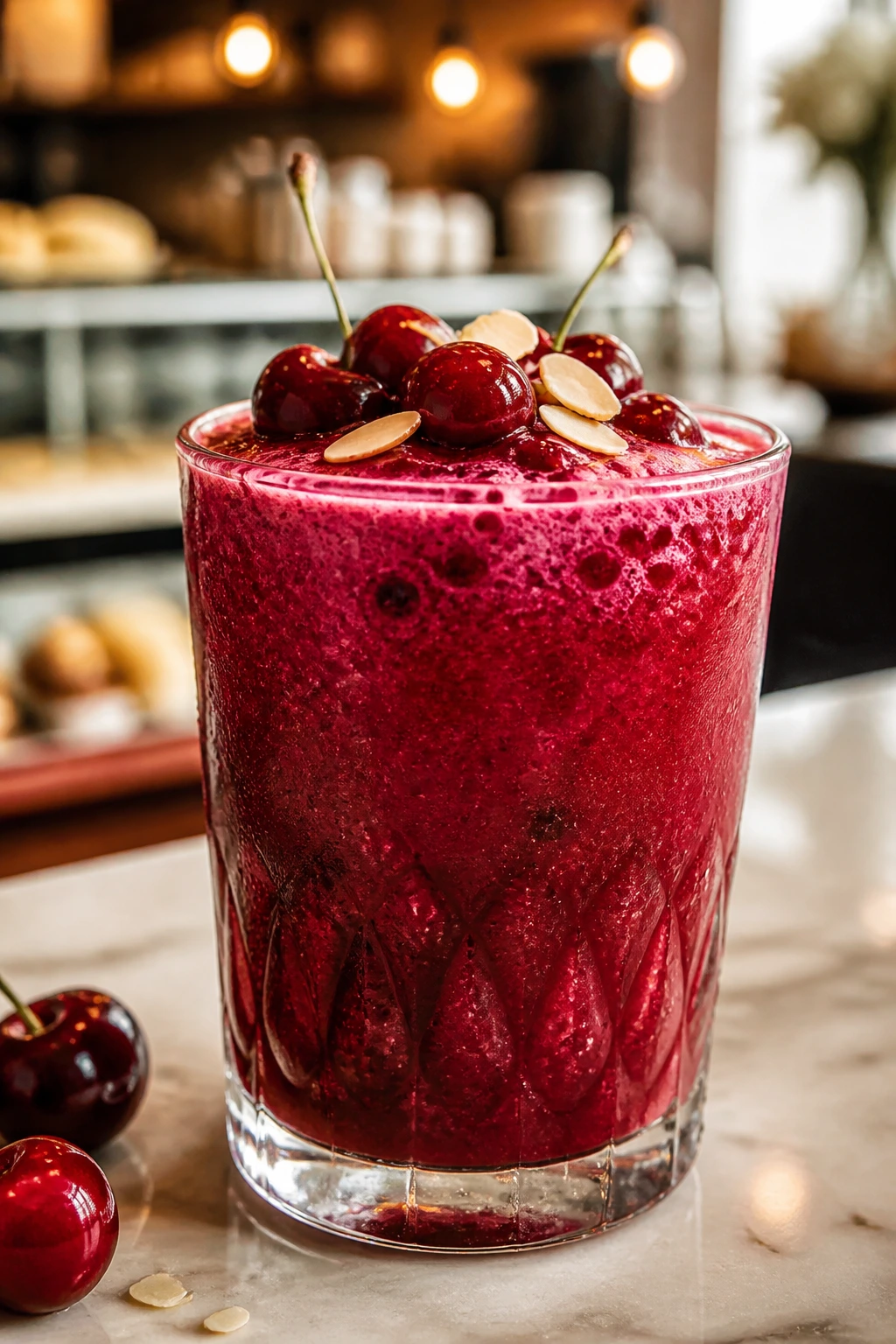 Bright red cherry smoothie in a glass with a hint of fizz on a sunlit cafe counter