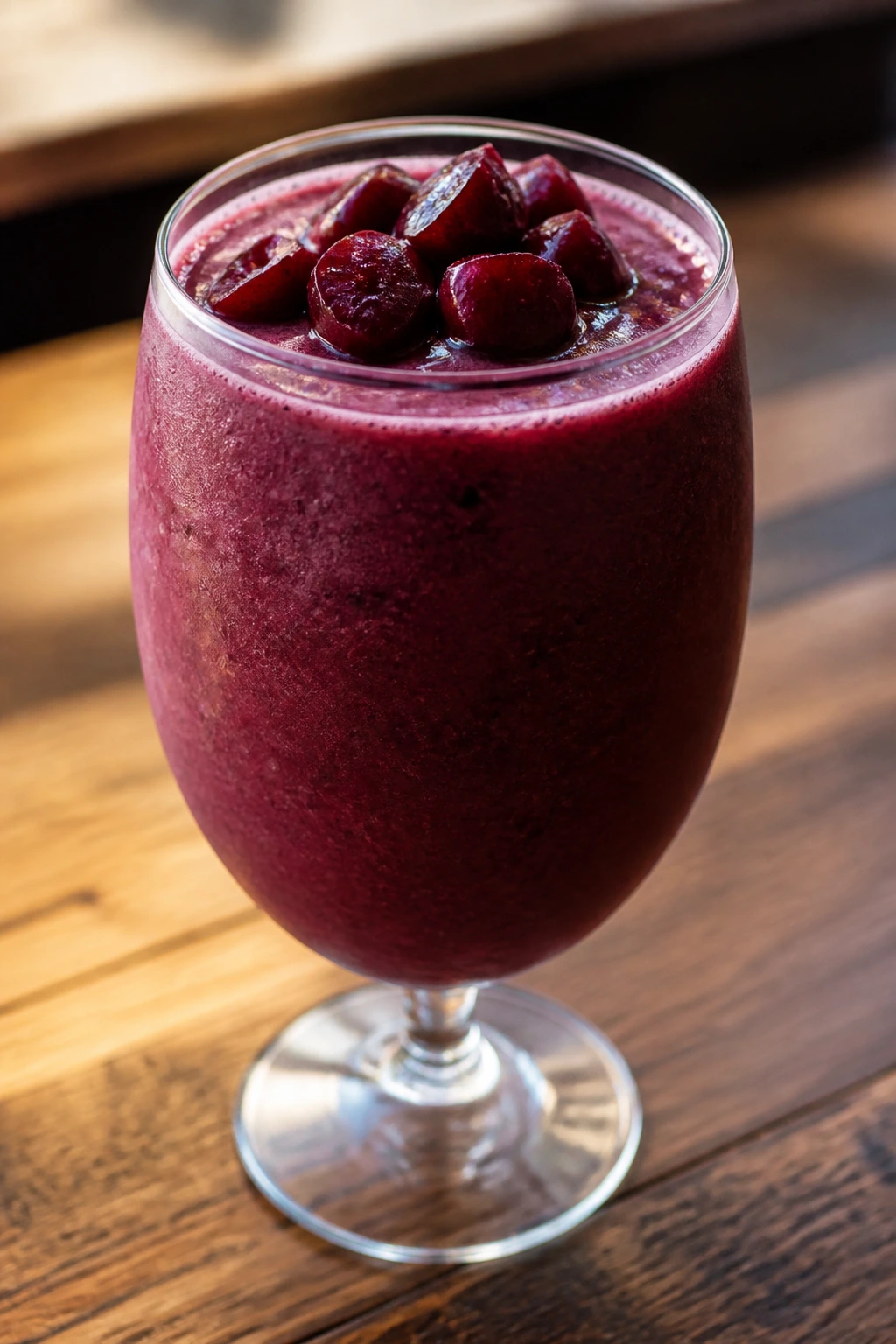Stemmed glass of cherry vanilla smoothie with cherries on top