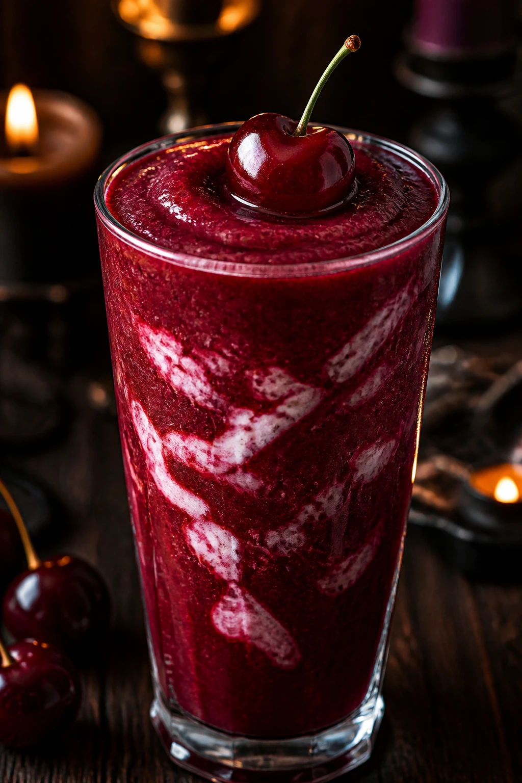 Deep red cherry vanilla smoothie in glass topped with a cherry