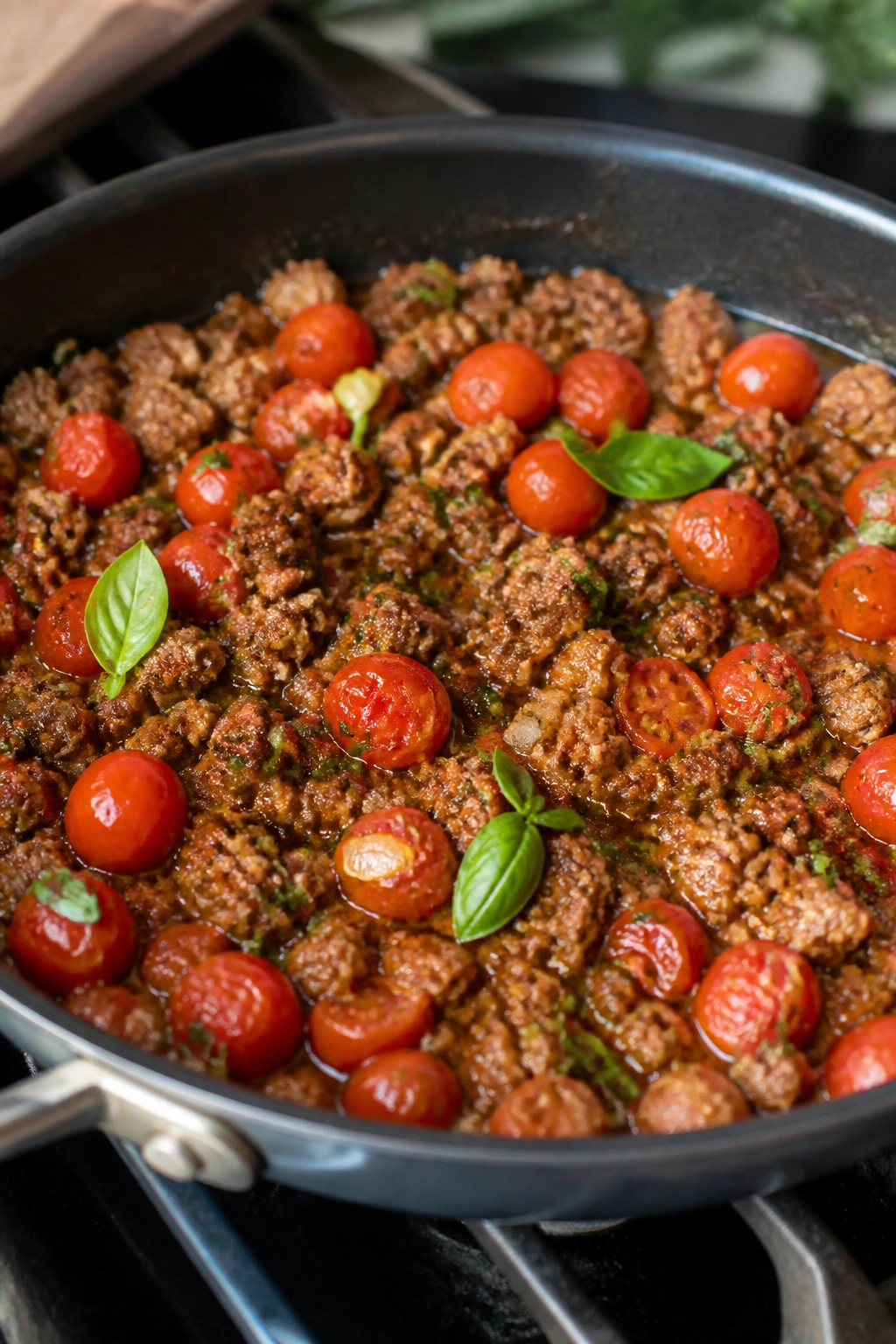 Beef skillet with garlic and cherry tomatoes in glossy sauce