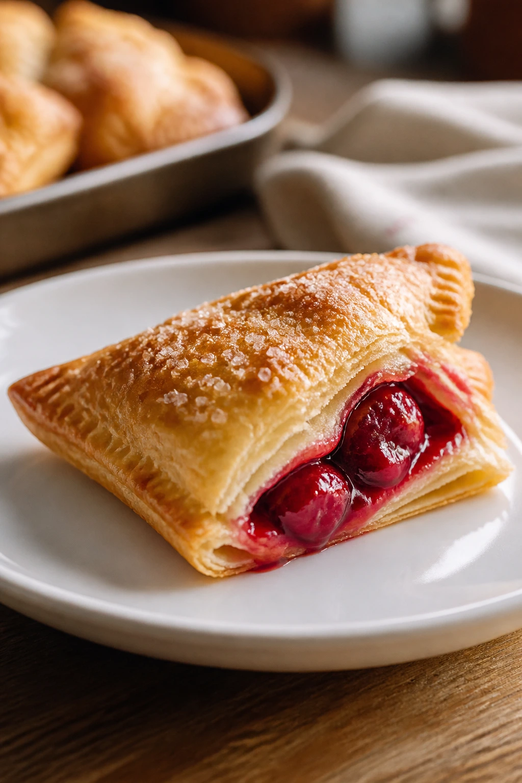 Close-up of a cherry turnover on a white plate