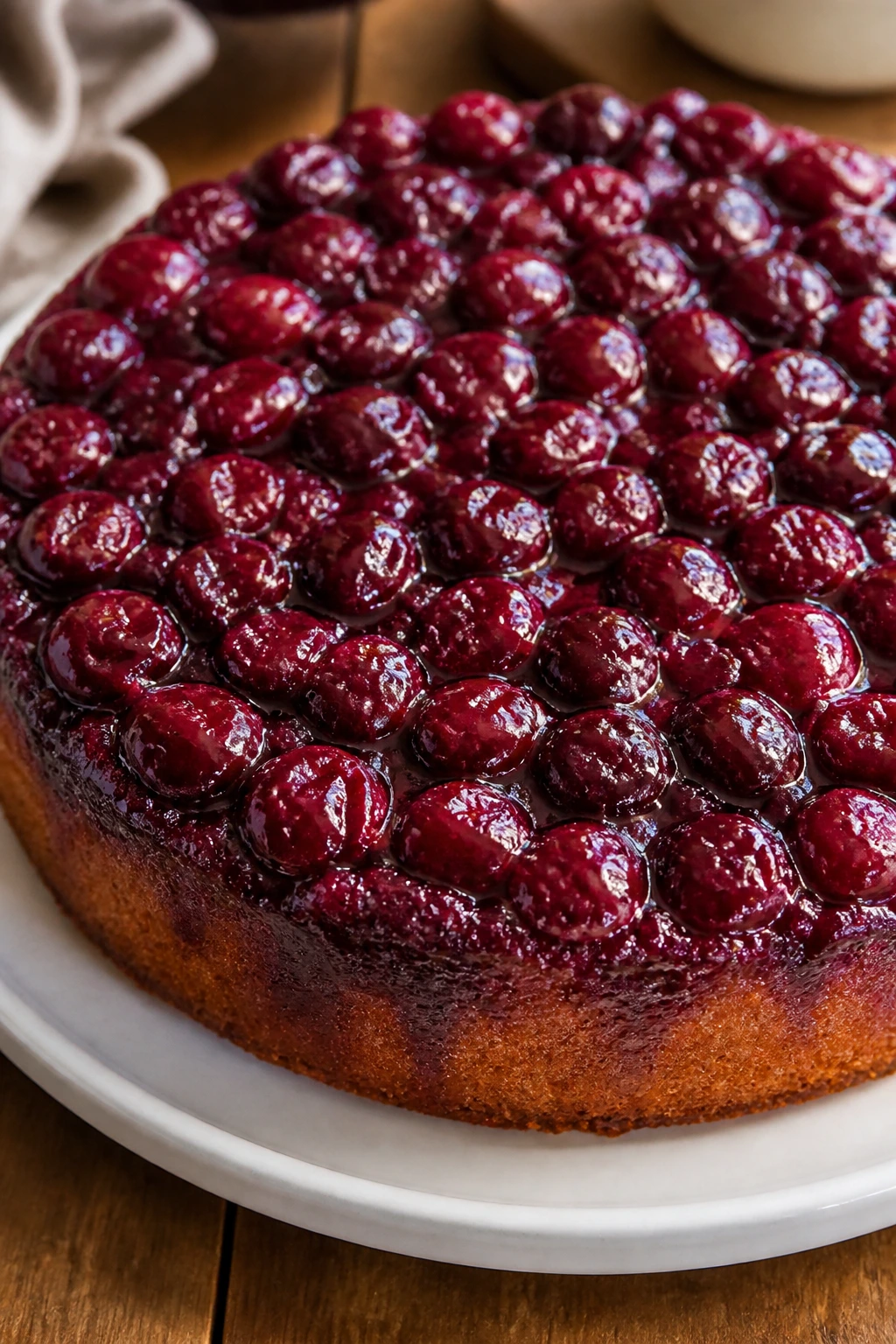 Close-up of Cherry Upside-Down Cake with glossy cherry topping
