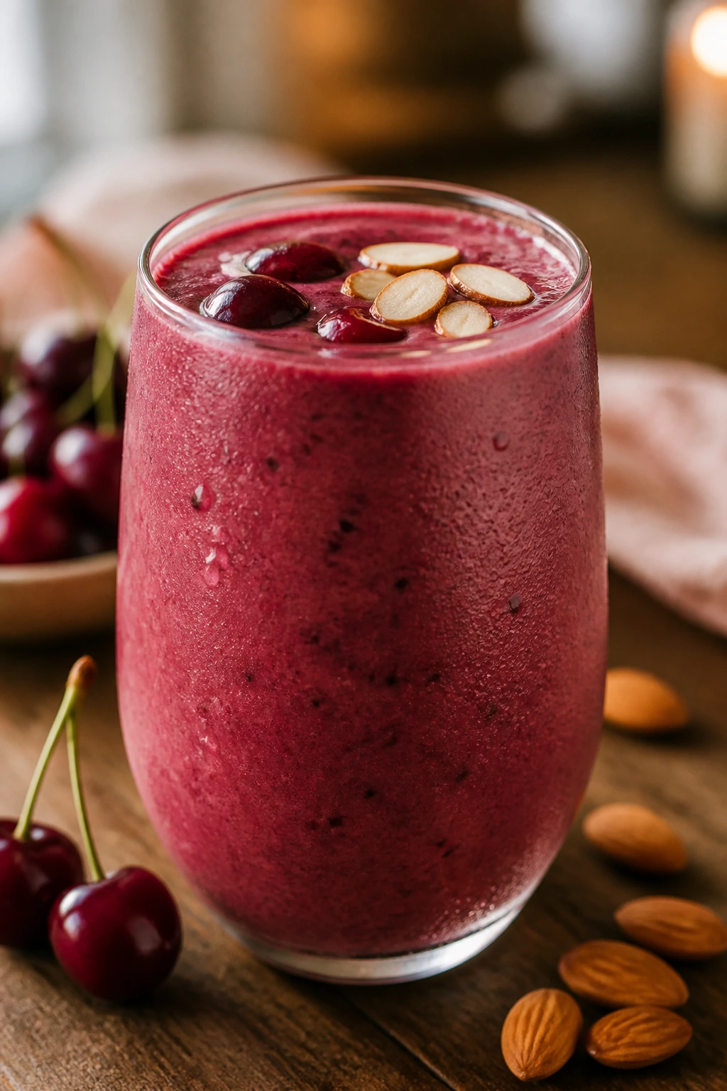 Close-up of cherry vanilla almond smoothie in a glass.