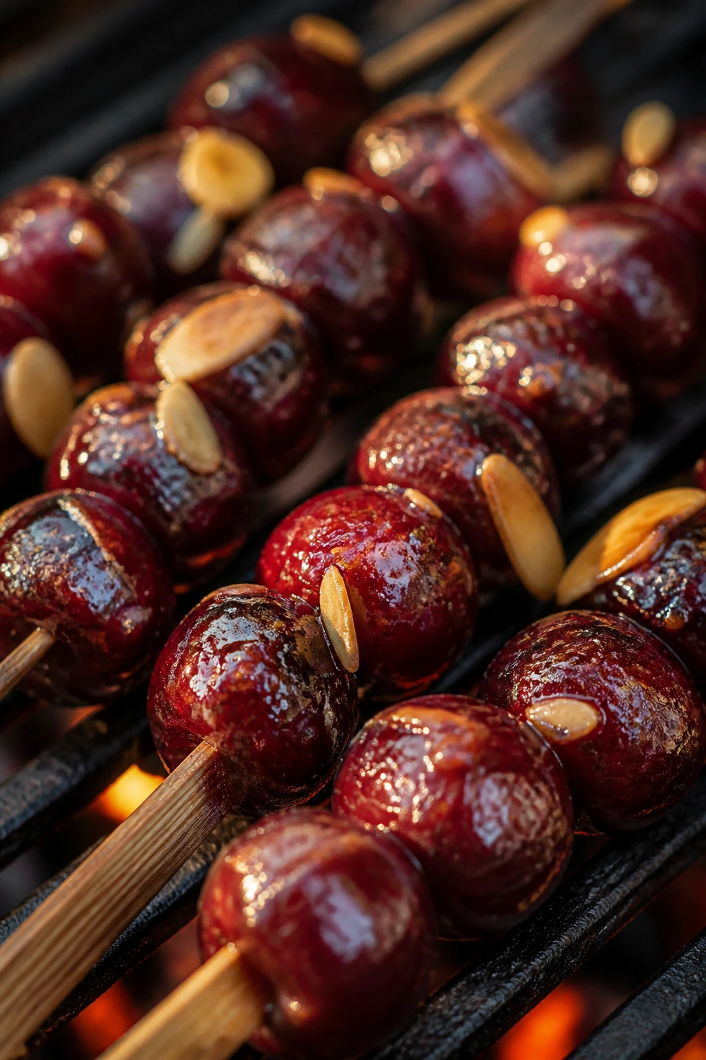 Close-up of cherries on a skewer with vanilla almond glaze grilled outdoors