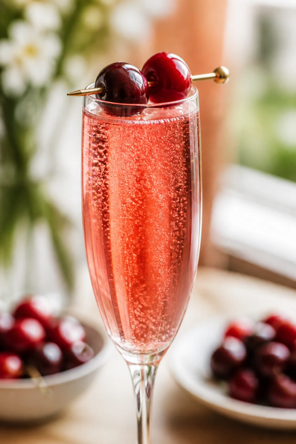 Close-up of cherry vanilla mimosa in a flute with a cherry garnish on a bright breakfast table