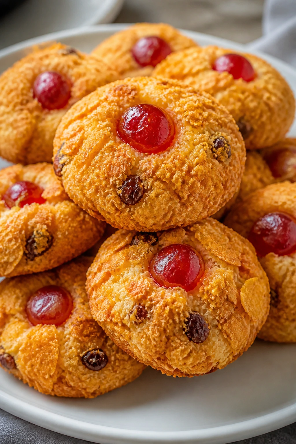 Cherry-filled cookies with cornflake crust on a plate
