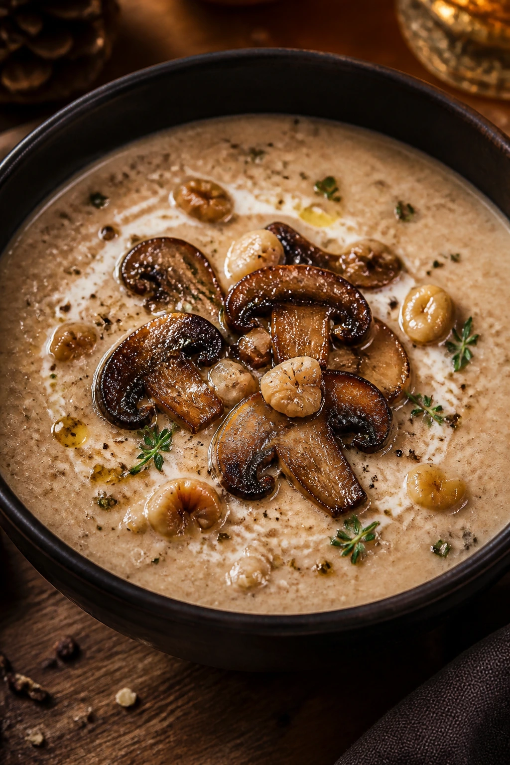 Creamy chestnut and mushroom soup in a dark bowl topped with mushroom slices