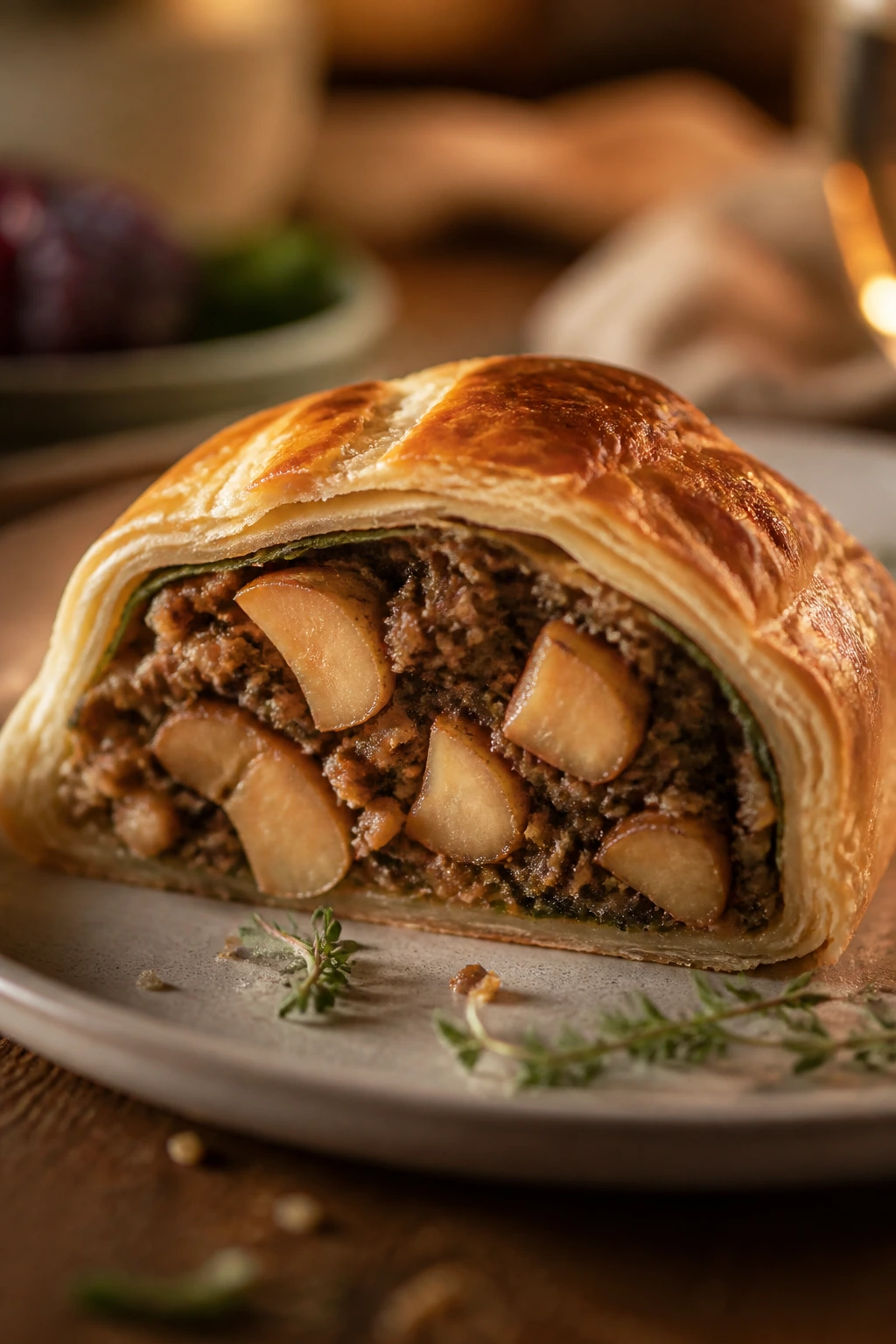Chestnut and thyme Wellington slice on plate with visible chestnut pieces
