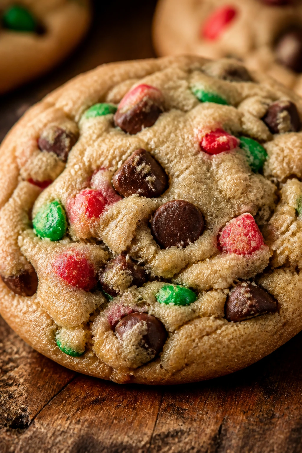 Chewy chocolate chip cookie with red and green bits