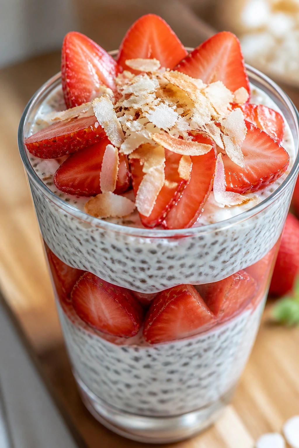 Layered parfait with chia pudding, strawberries, and coconut flakes
