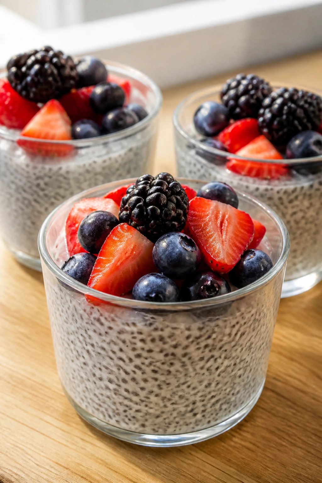 Close-up of berry-topped chia pudding cups on a wooden counter