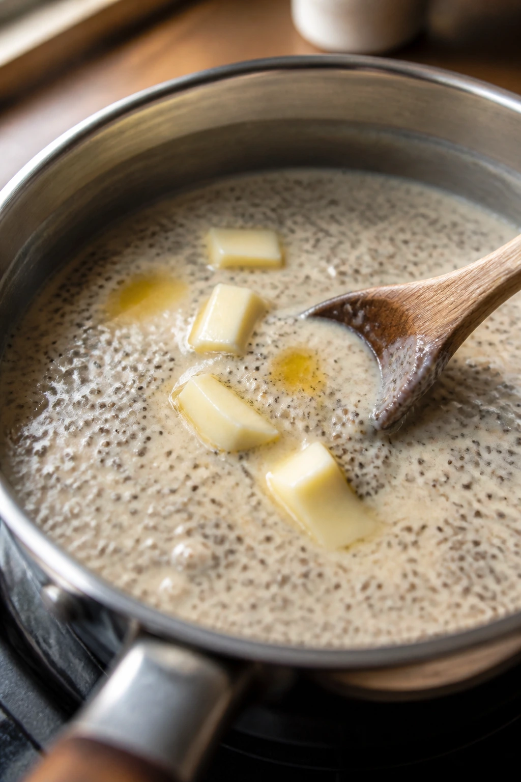 Close-up of vanilla chia pudding base with melting butter and dispersed chia seeds in a warm kitchen