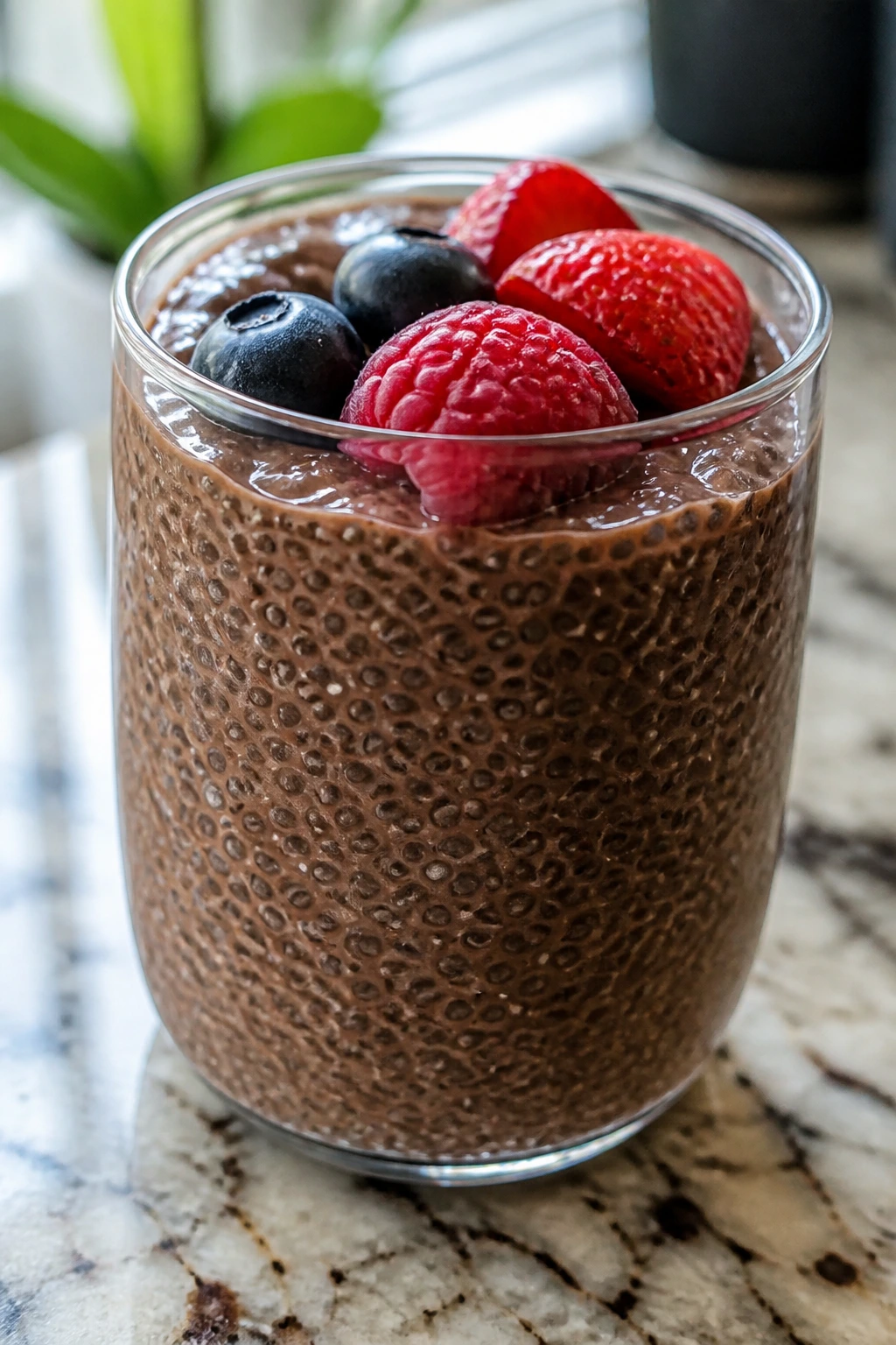 Chocolate chia pudding in a glass cup with berries on top