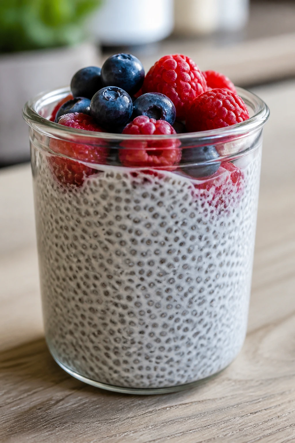 Close-up of chia pudding cups in a glass jar on a kitchen table
