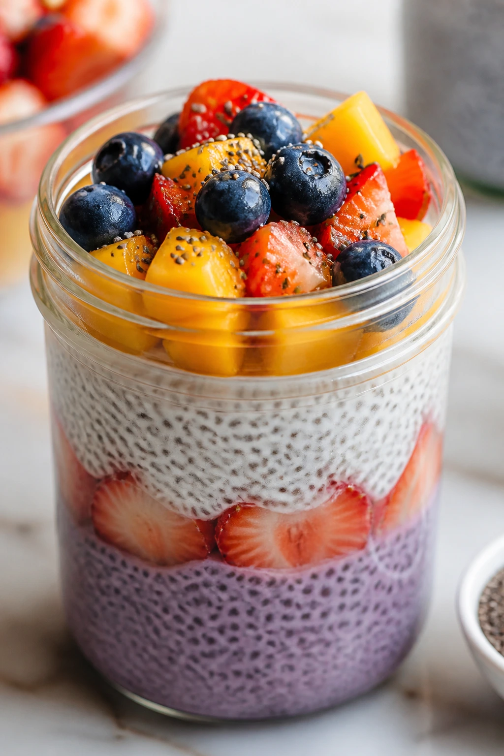 Chia pudding cups with fruit in a glass jar on a kitchen counter
