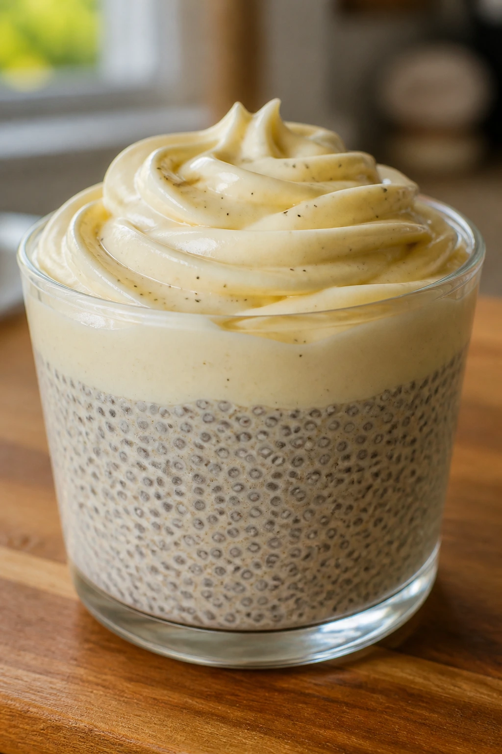 Close-up of vanilla chia pudding with cream cheese frosting in a glass cup