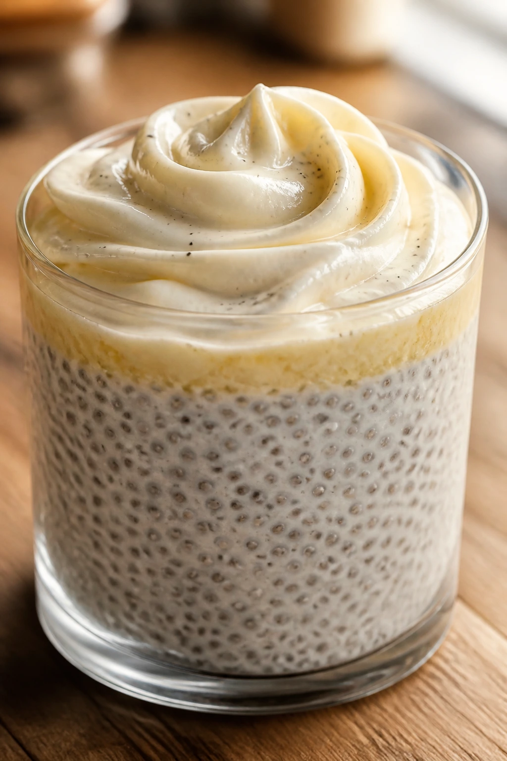 Close-up of chia pudding with cream cheese frosting in a glass cup