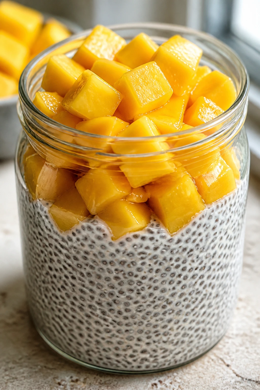 Glass jar of mango chia pudding with mango on top in a bright kitchen