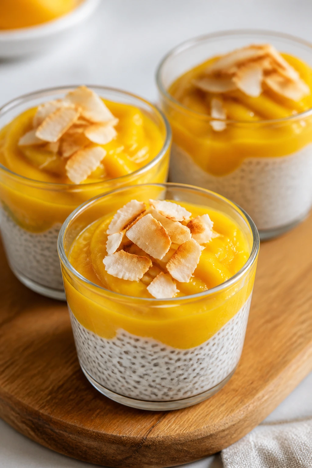 Three mango coconut chia pudding cups with mango topping.