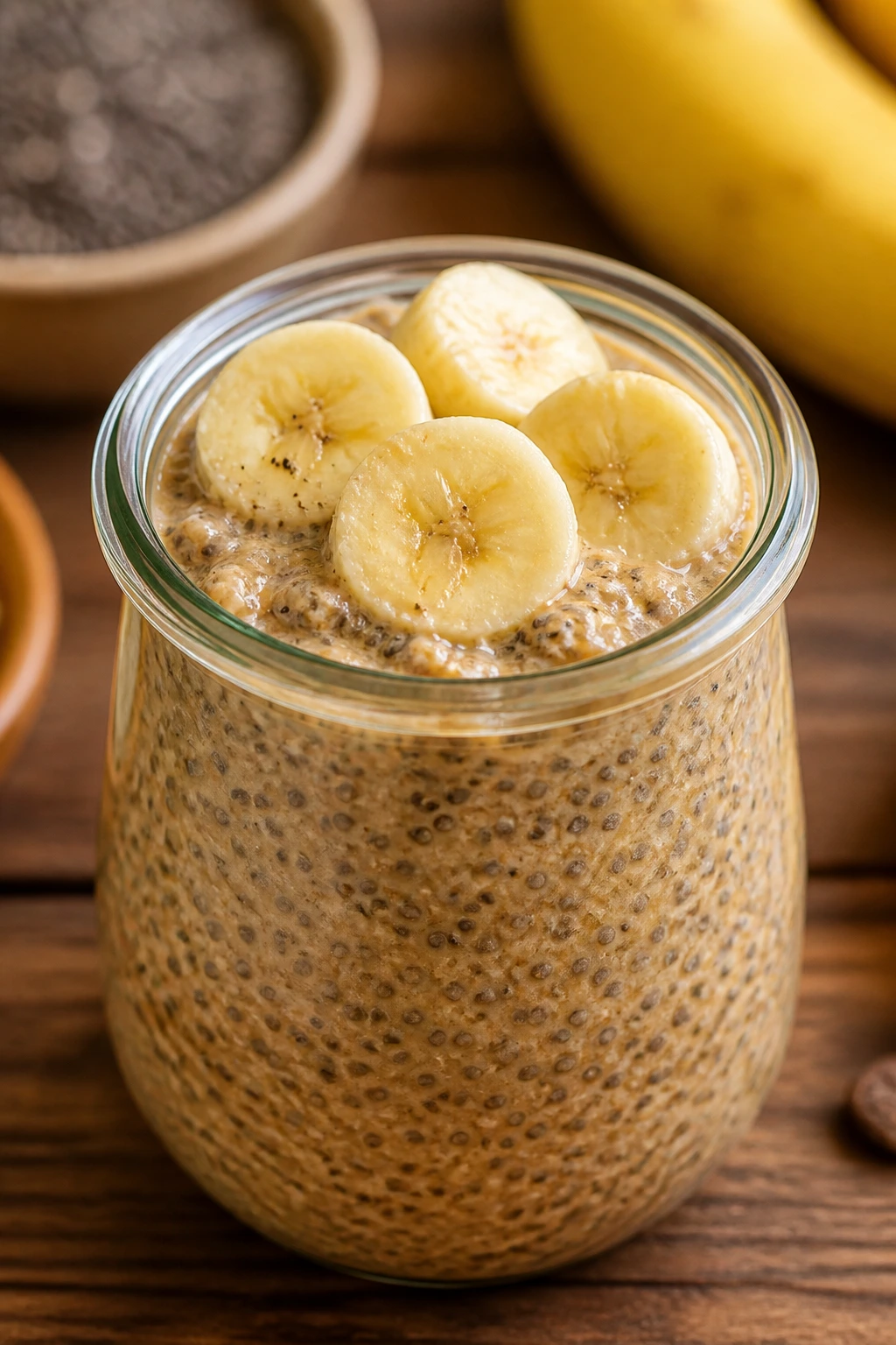 Chia pudding with peanut butter in a jar