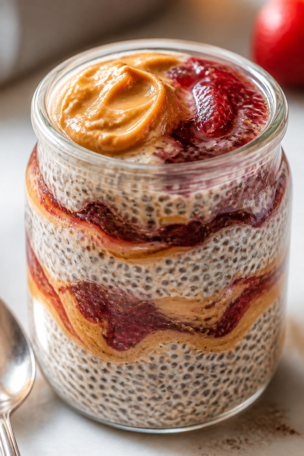 Close-up of chia pudding with peanut butter and jam in a glass jar
