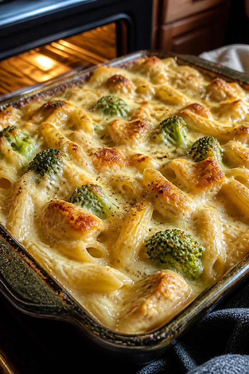 Close-up of bubbling chicken Alfredo bake with broccoli in a warm kitchen