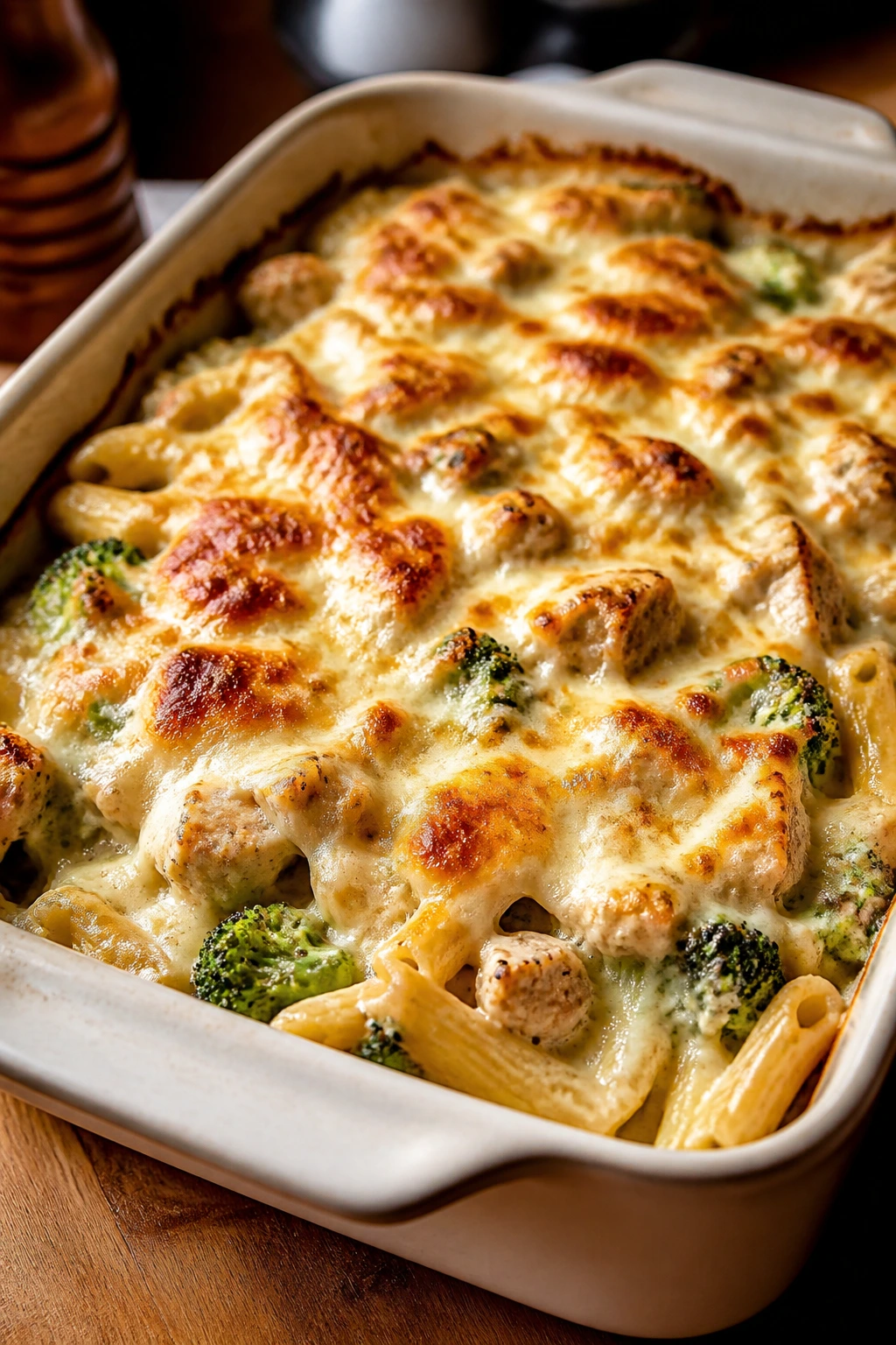 Bubbling chicken alfredo bake with broccoli in pan