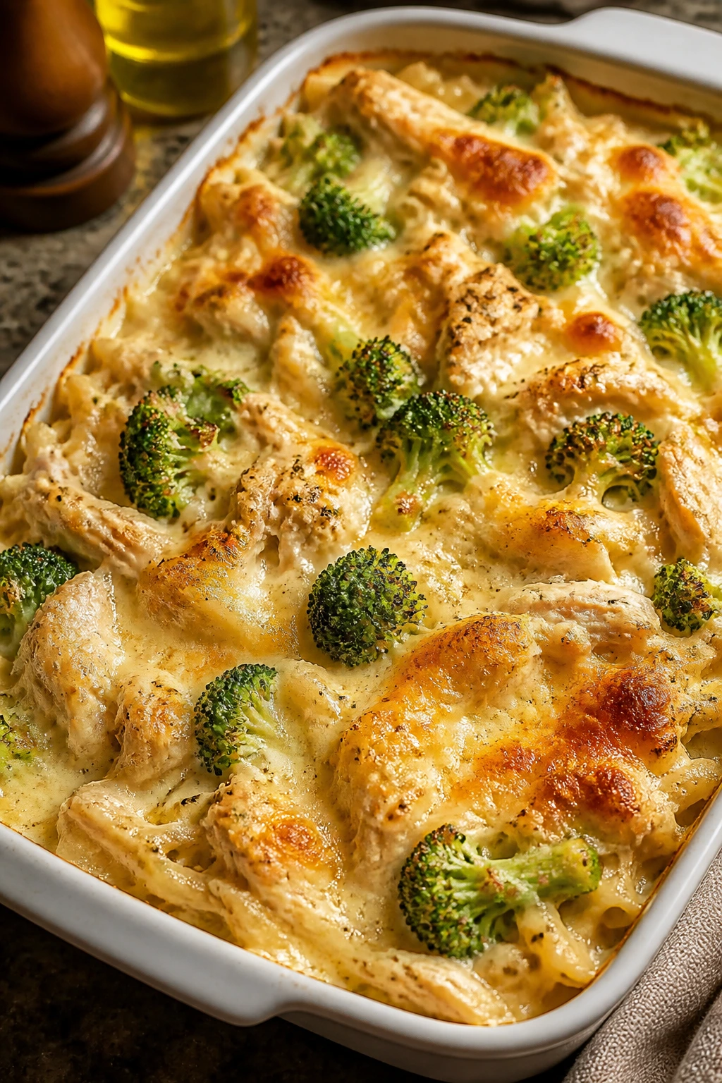 Bubbling chicken Alfredo bake with chicken, broccoli, and melted cheese