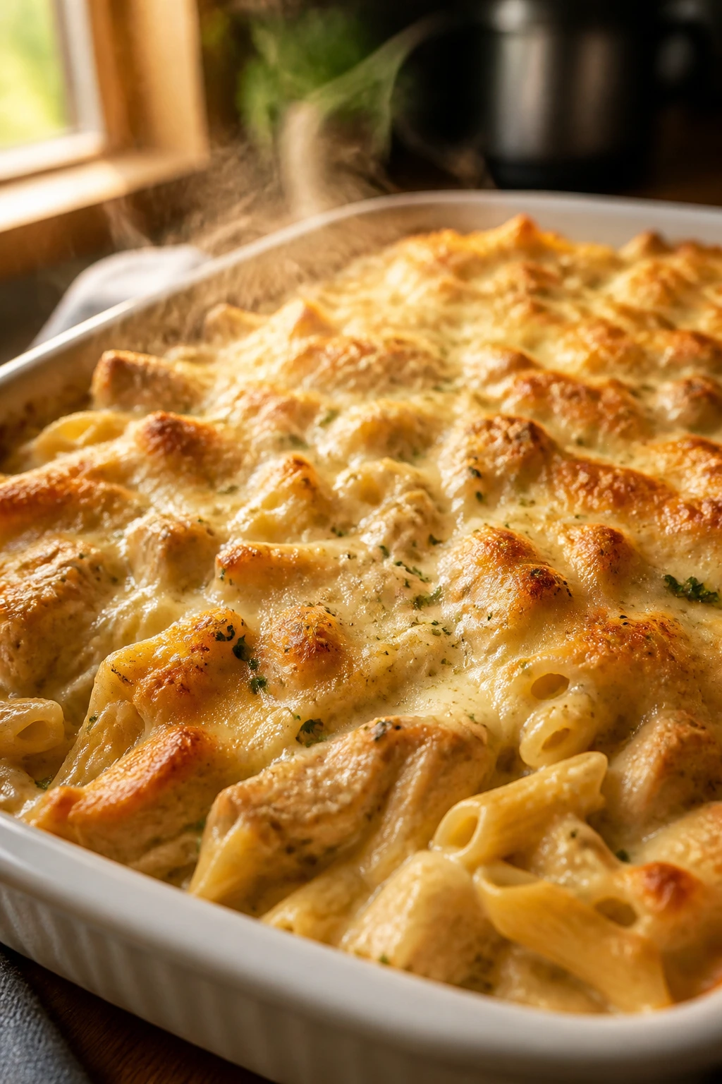 Casserole dish with golden crust, chicken Alfredo bake steaming