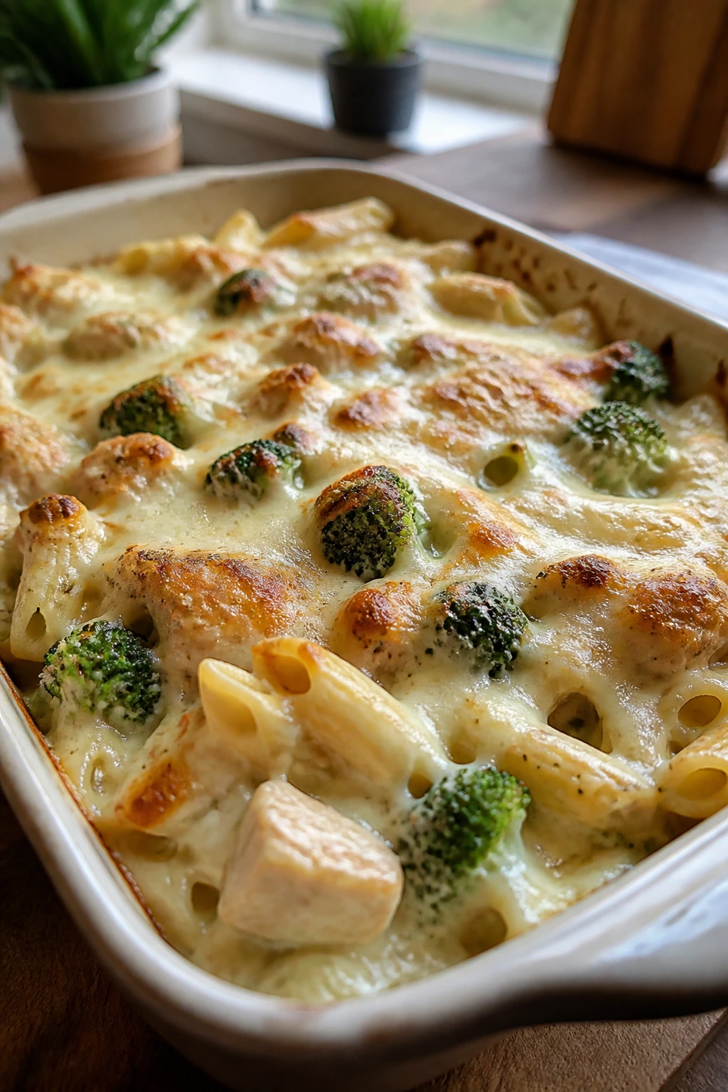 Close-up of creamy chicken Alfredo bake with broccoli and melted cheese