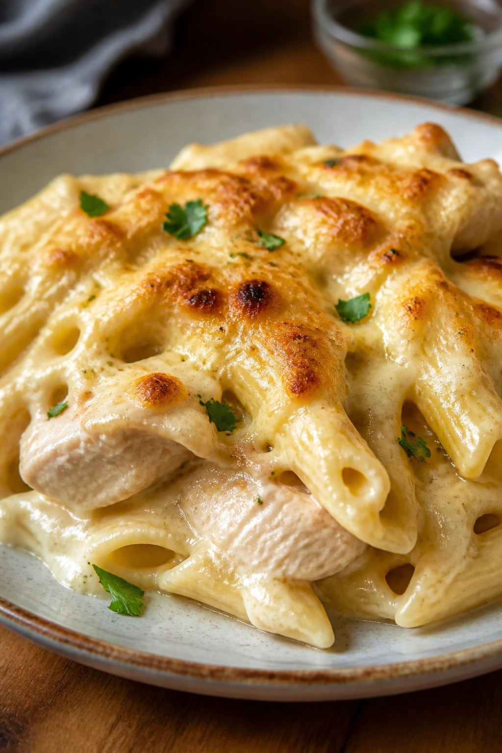 Creamy chicken Alfredo bake shown as a generous portion on a plate