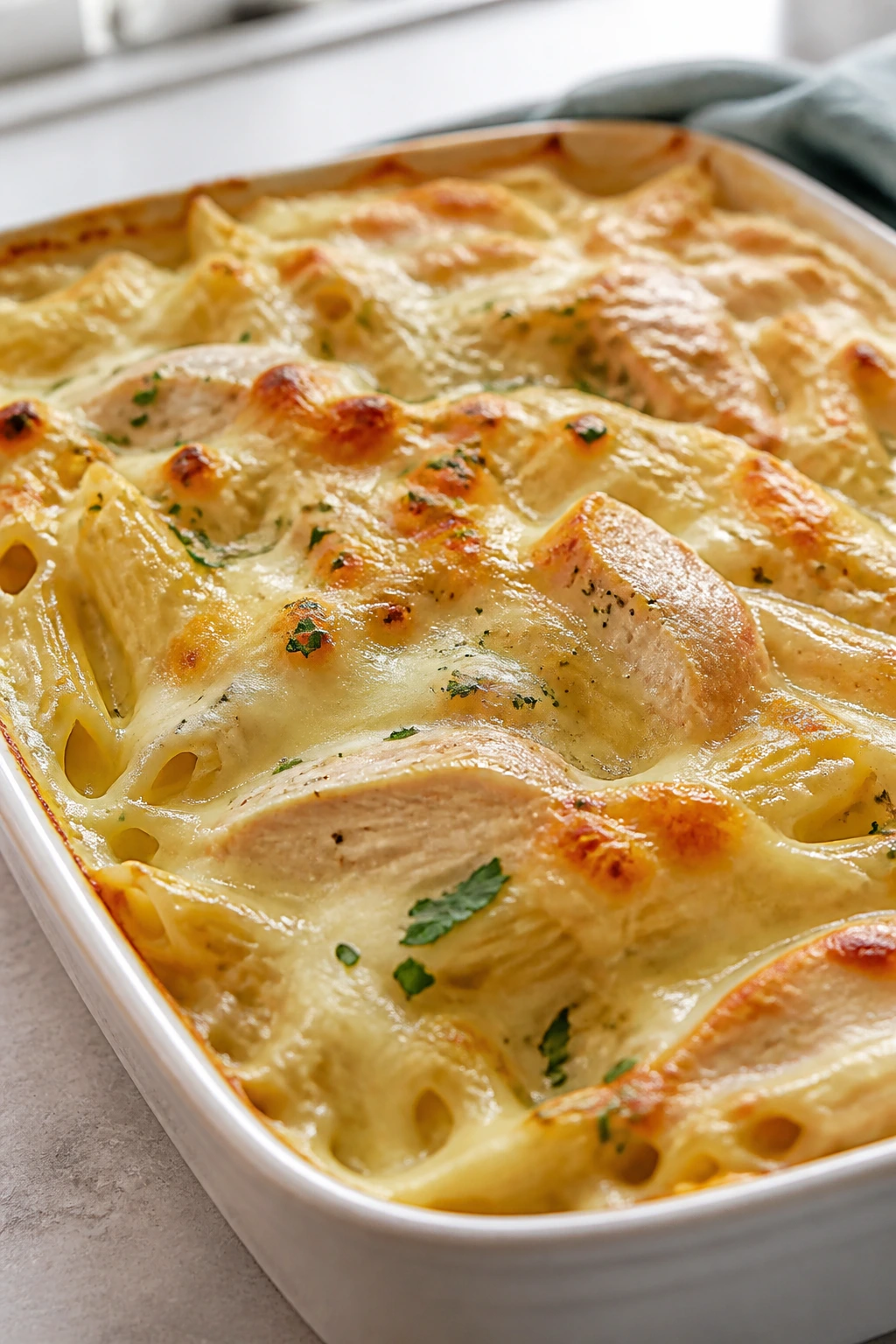 Creamy chicken alfredo bake with melted cheese in baking dish