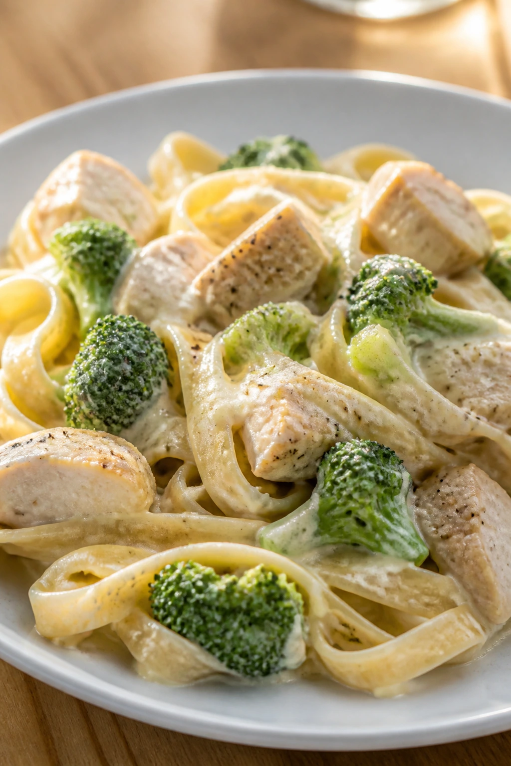 Creamy chicken Alfredo with broccoli on a plate