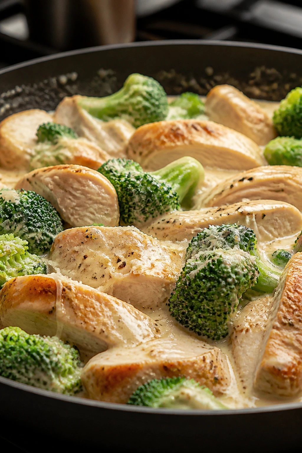 Close-up of creamy chicken Alfredo with broccoli in a skillet