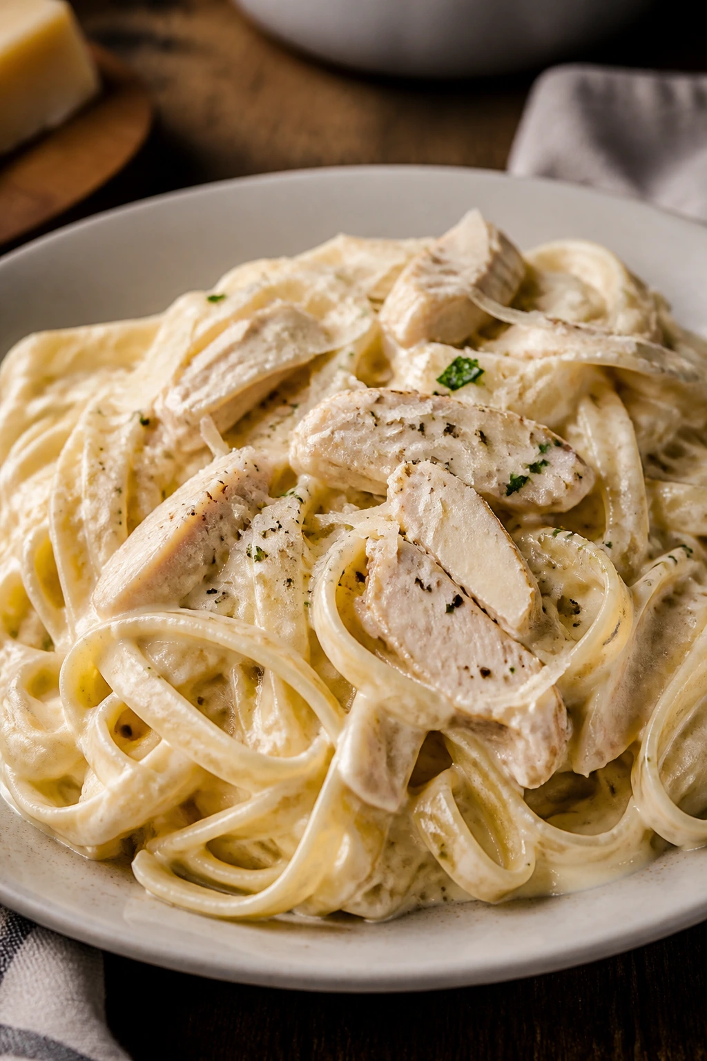 Creamy chicken Alfredo with pasta on plate