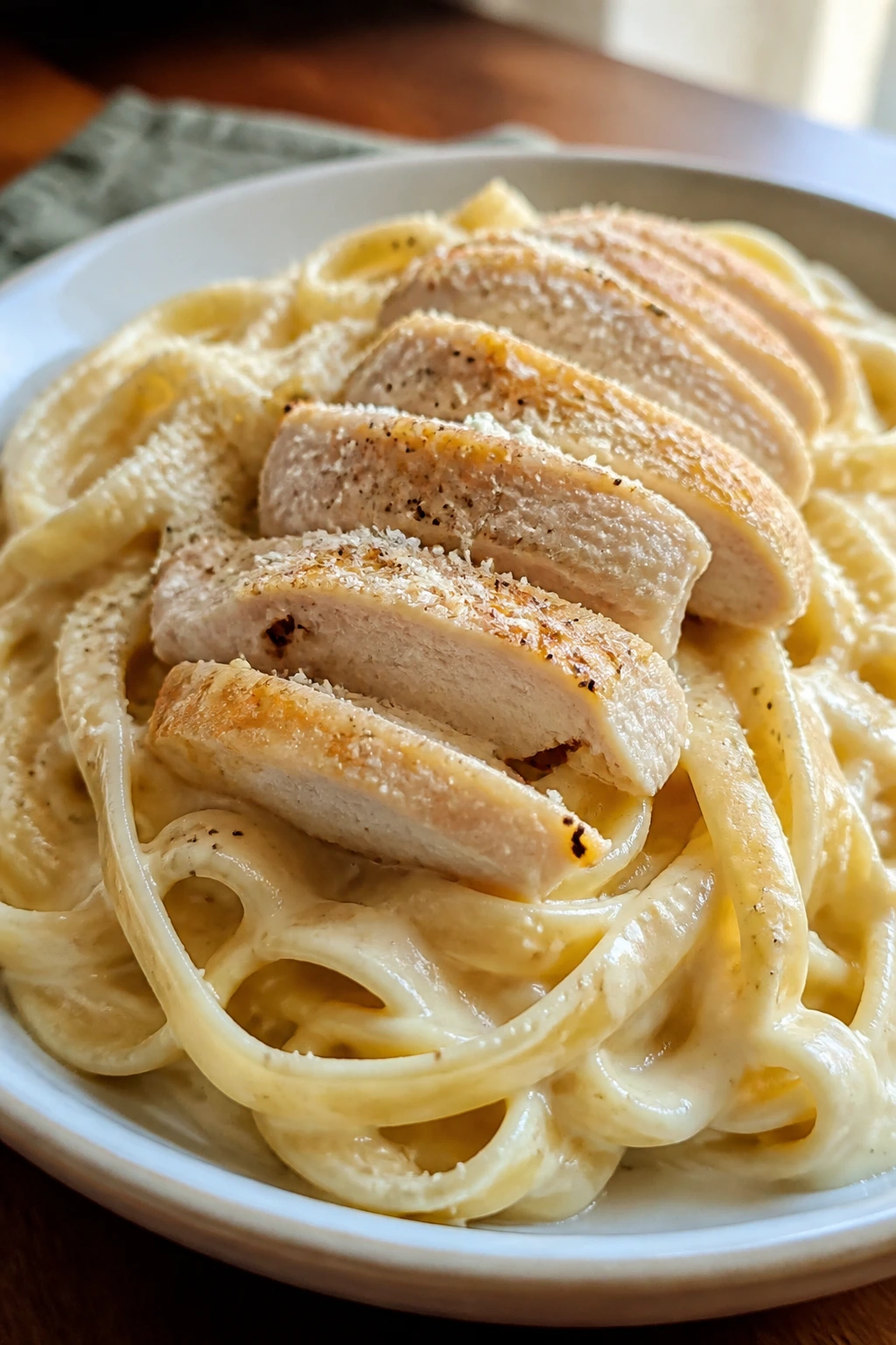 Creamy chicken alfredo pasta with parmesan on top