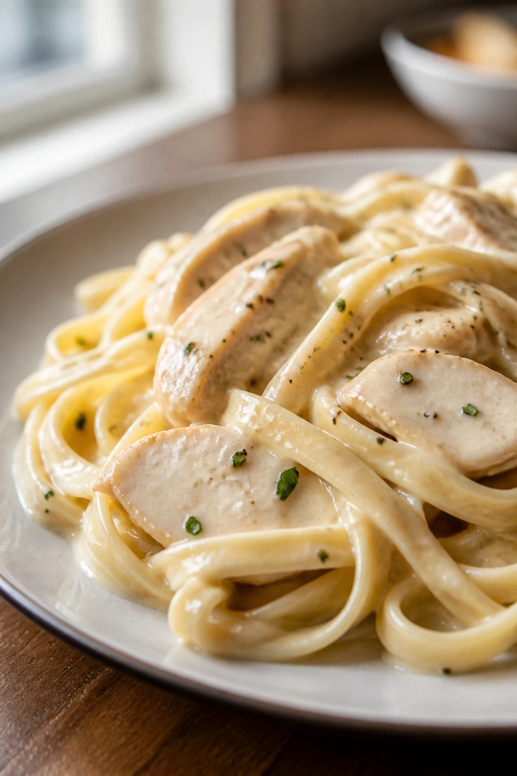 Creamy chicken alfredo pasta on a plate, close-up
