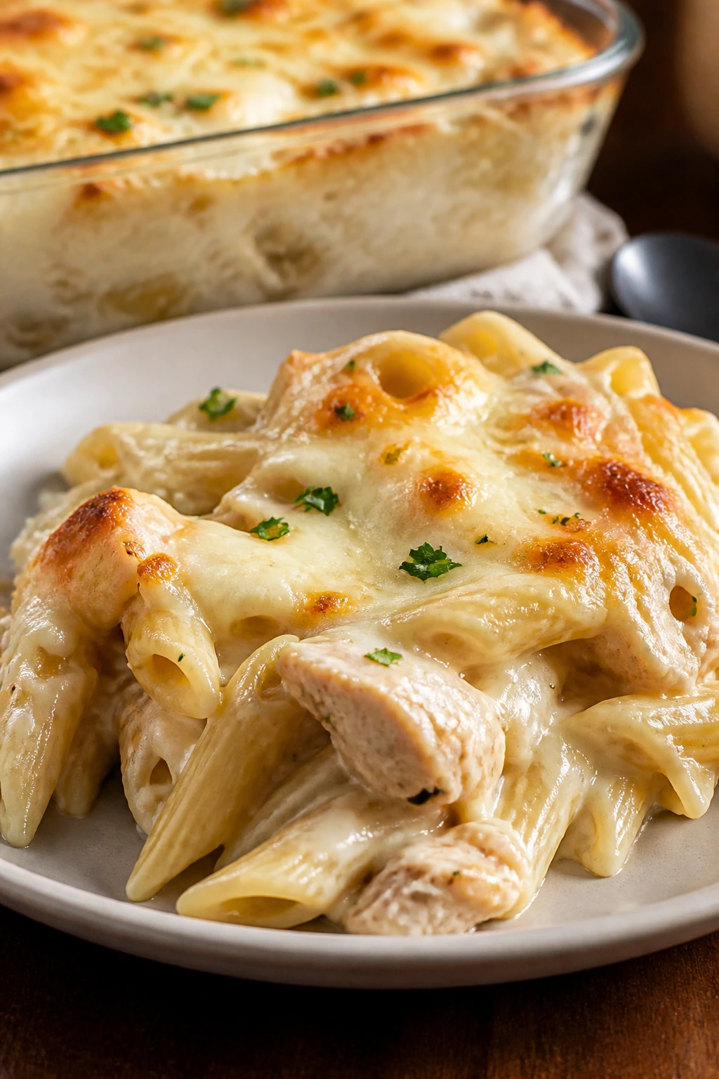 Creamy chicken alfredo pasta bake on a plate