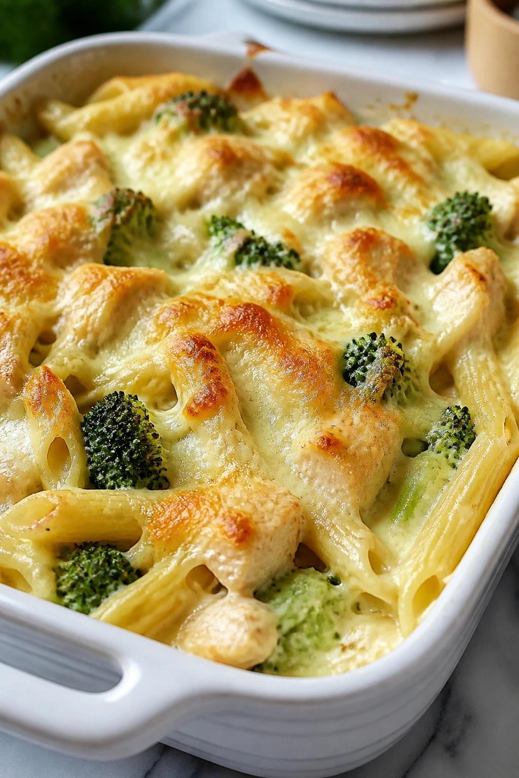 Close-up of creamy chicken Alfredo pasta bake with mozzarella in a baking dish